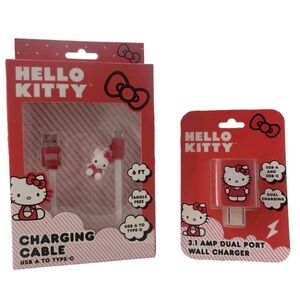 Hello Kitty Red USB-A to USB-C Cable Hello Kitty Charm Dual-Port Wall Charger